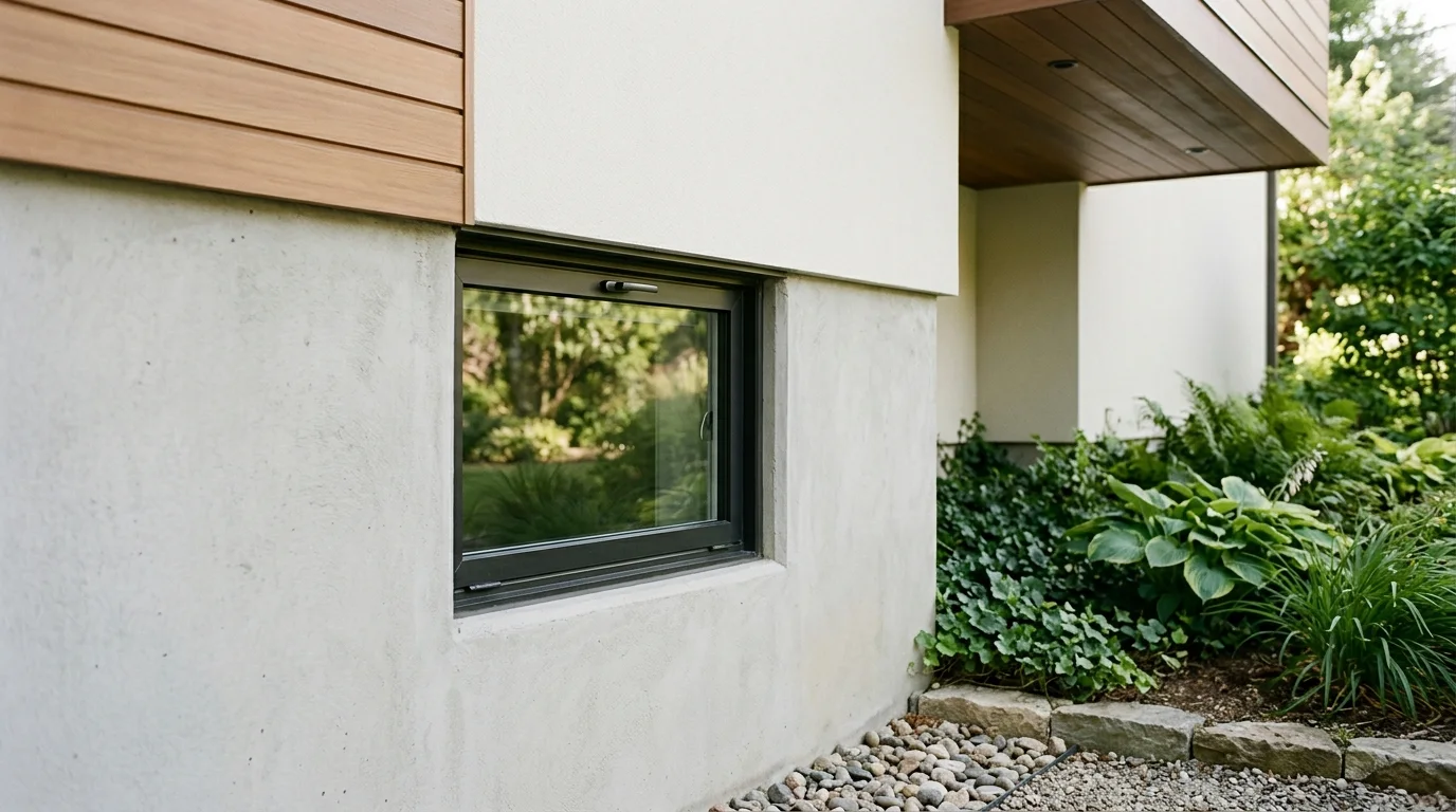 A close-up view of a closed window set into a clean, well-maintained house foundation, showing architectural detail in natural daylight.