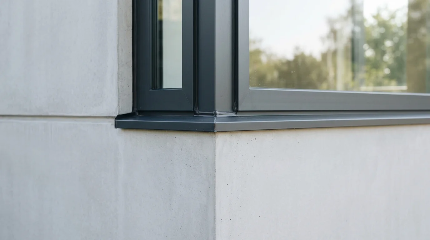 Illustrative image showing a tightly cropped detail of a house exterior, focusing on a closed window set into a smooth foundation wall.