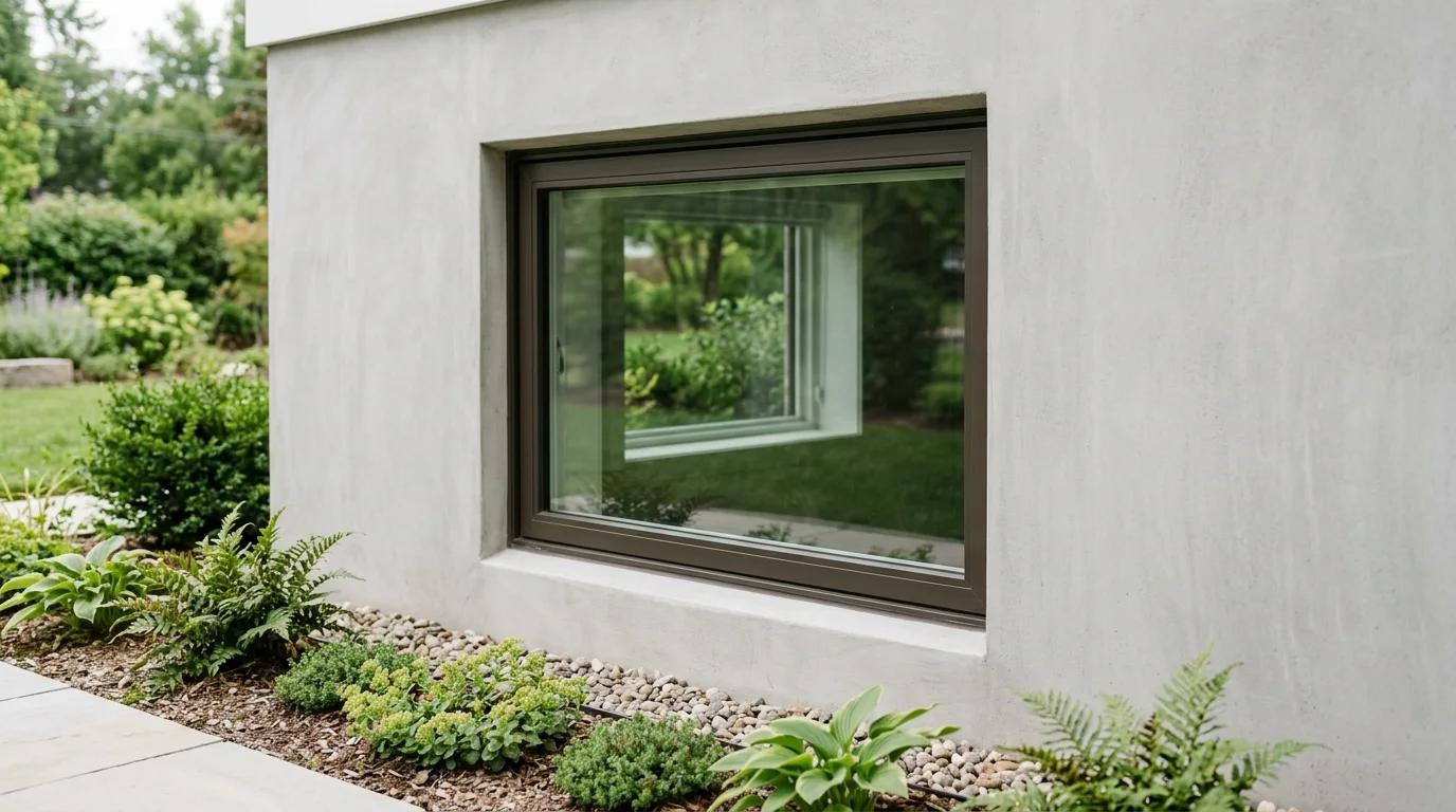A tightly cropped view of a closed window in a clean, smooth house foundation, lit by natural daylight.