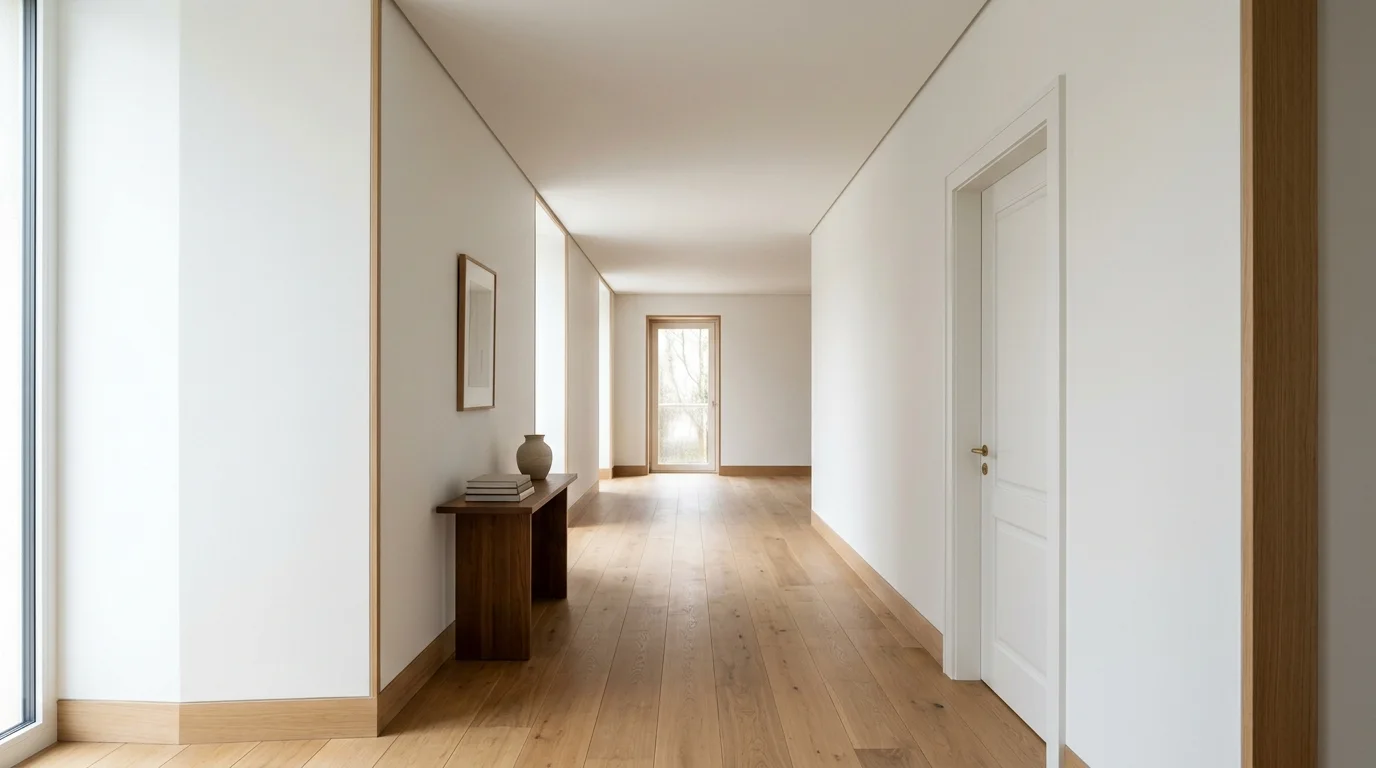 Illustrative image of a clean, empty finished residential hallway with smooth walls and ceiling, lit by natural daylight.