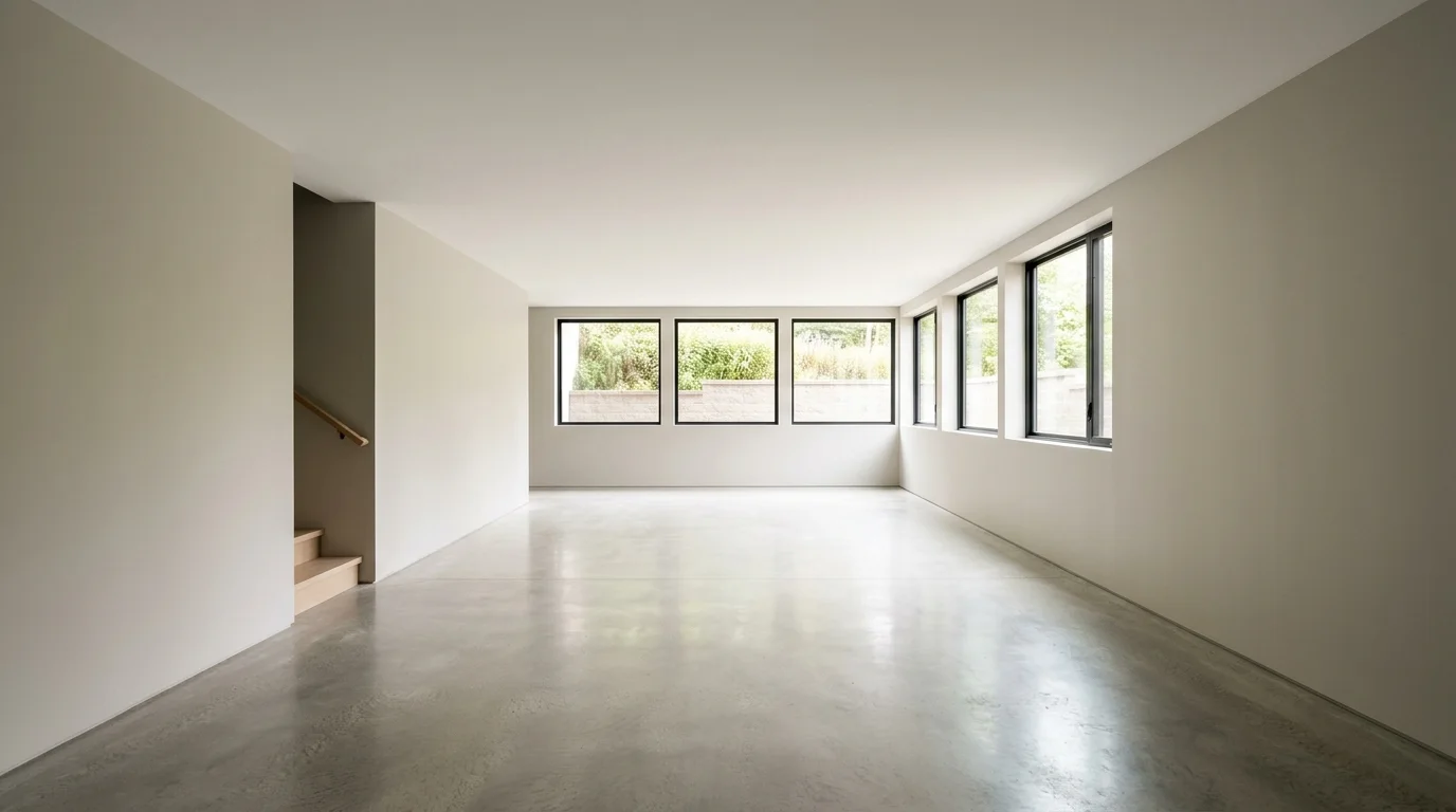 Illustrative image of a clean, empty finished basement with smooth walls and ceiling, illuminated by natural light.