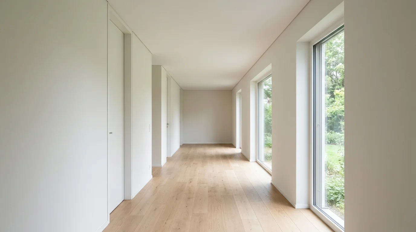 A clean, finished residential hallway with a smooth, closed ceiling and neutral walls, illuminated by natural daylight.