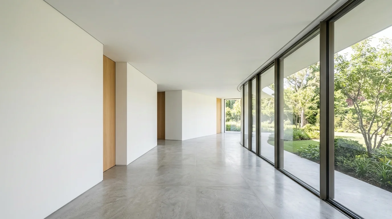 A modern, finished hallway with smooth walls and a seamless, closed ceiling, bathed in natural daylight.