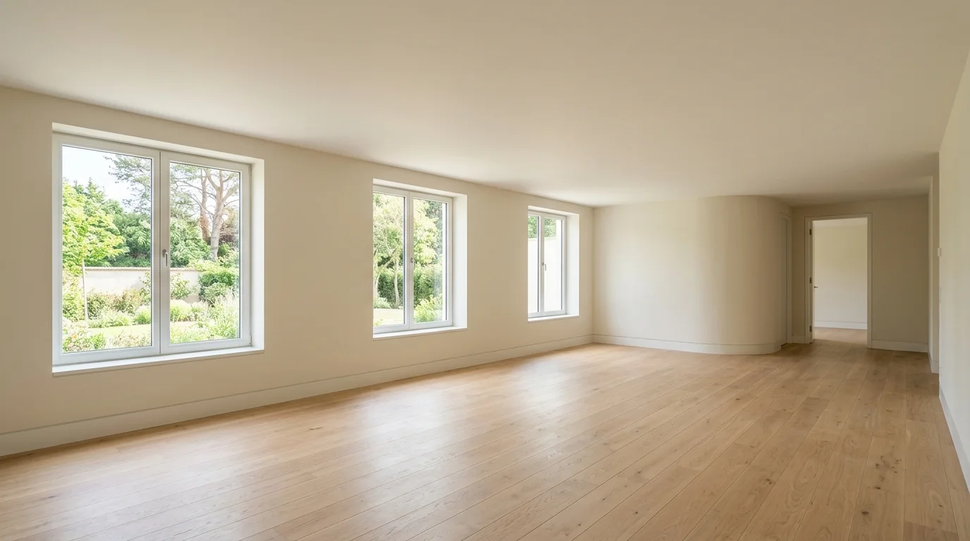 A clean, empty finished basement with light-colored walls and a smooth, closed ceiling, illuminated by natural daylight.